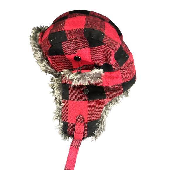 EUC Buffalo Plaid Lumberjack Hat Red Black Ear Muffs Snaps Warm Cozy Quilted - Picture 2 of 3